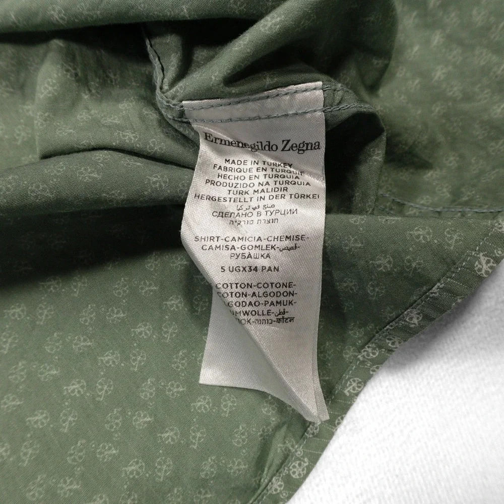 ERMENEGILDO ZEGNA Men's L Sage Green Geometric Print Button Down Dress Shirt‎